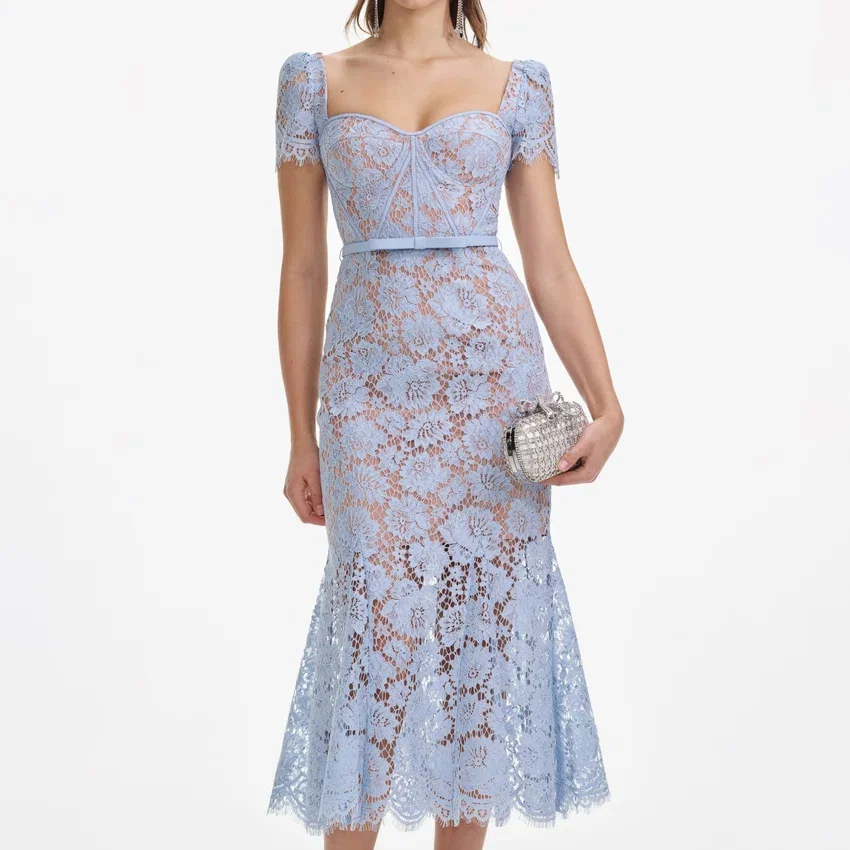 Baby Blue Fine Lace Midi Dress Baby Blue Fine Lace Midi Dress