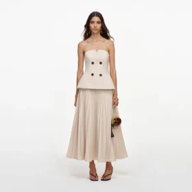 Beige Bandeau Pleated Midi Dress