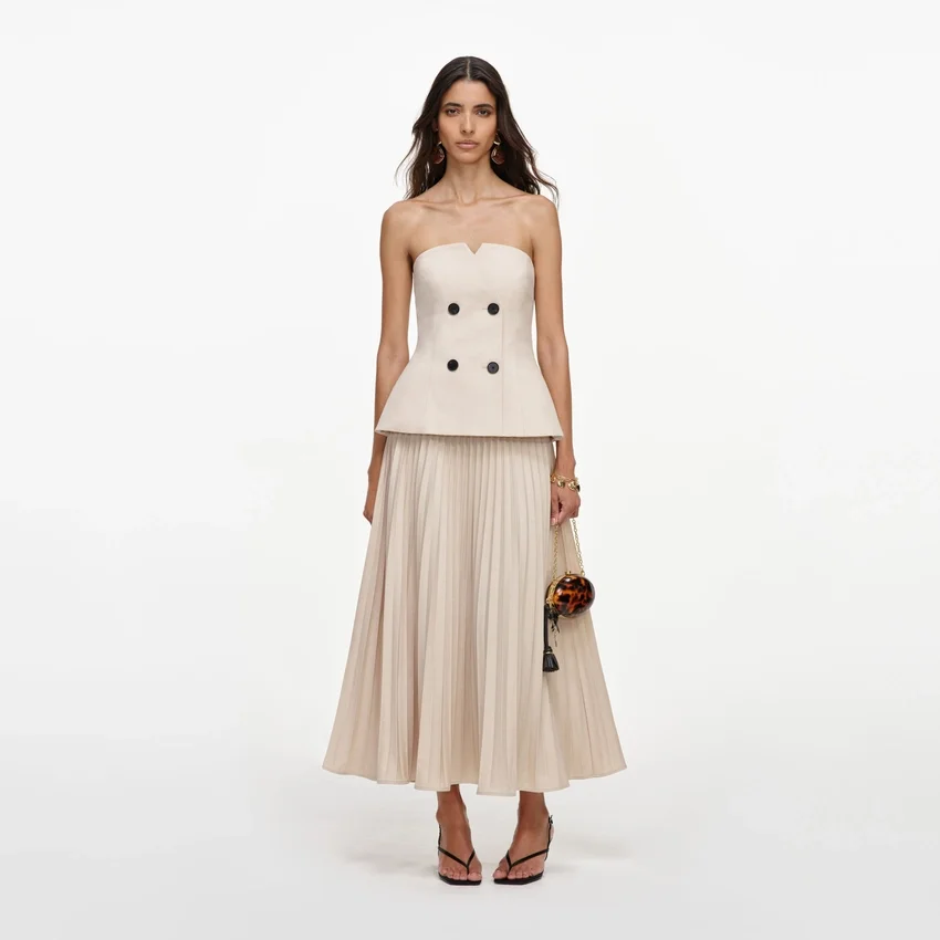 Beige Bandeau Pleated Midi Dress Beige Bandeau Pleated Midi Dress