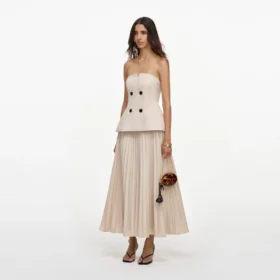 Beige Bandeau Pleated Midi Dress