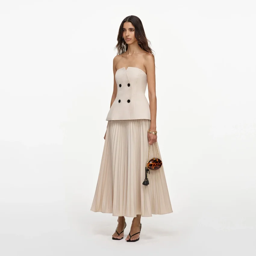 Beige Bandeau Pleated Midi Dress Beige Bandeau Pleated Midi Dress