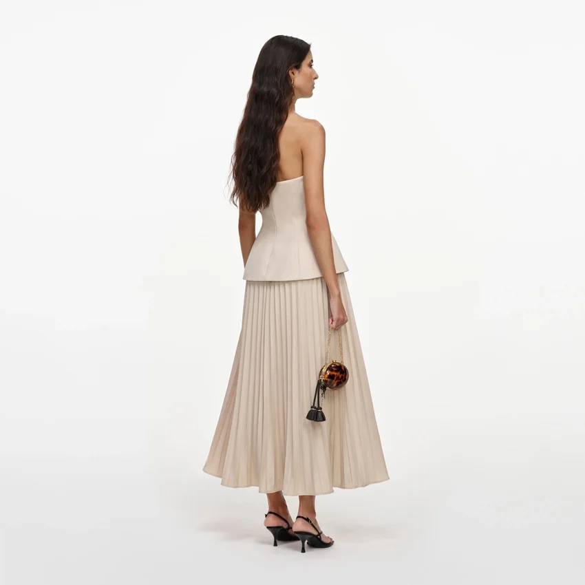 Beige Bandeau Pleated Midi Dress Beige Bandeau Pleated Midi Dress