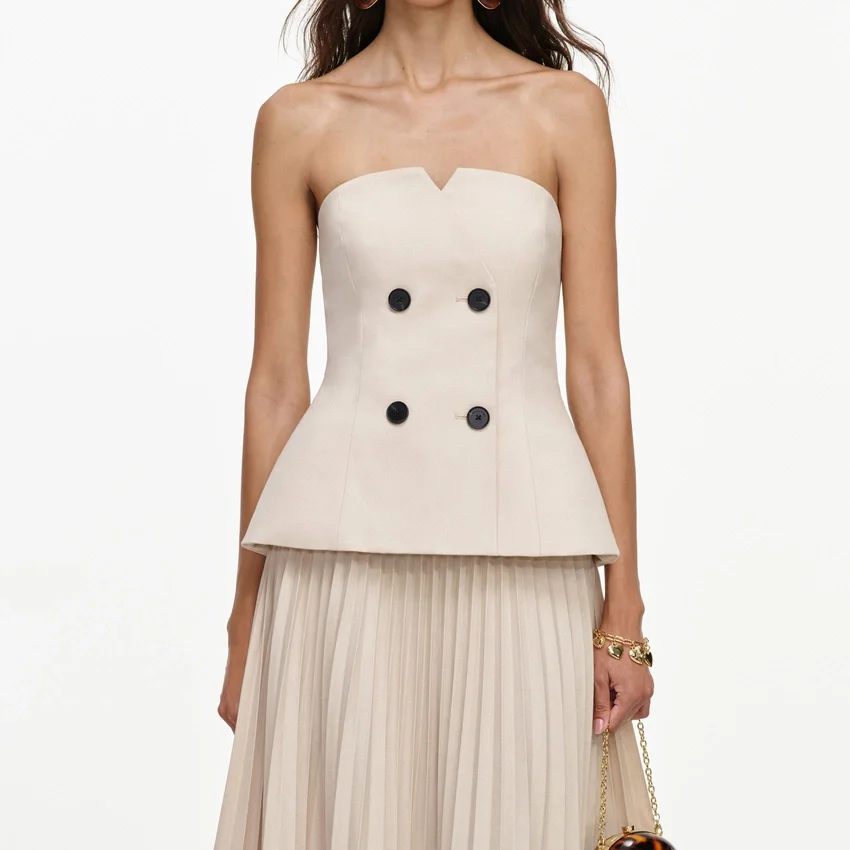Beige Bandeau Pleated Midi Dress Beige Bandeau Pleated Midi Dress