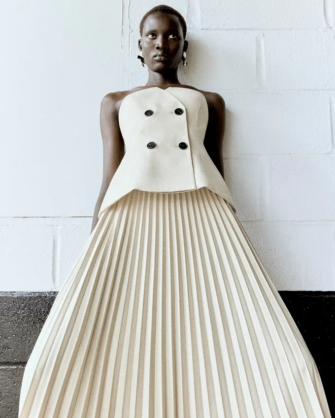 Beige Bandeau Pleated Midi Dress Beige Bandeau Pleated Midi Dress
