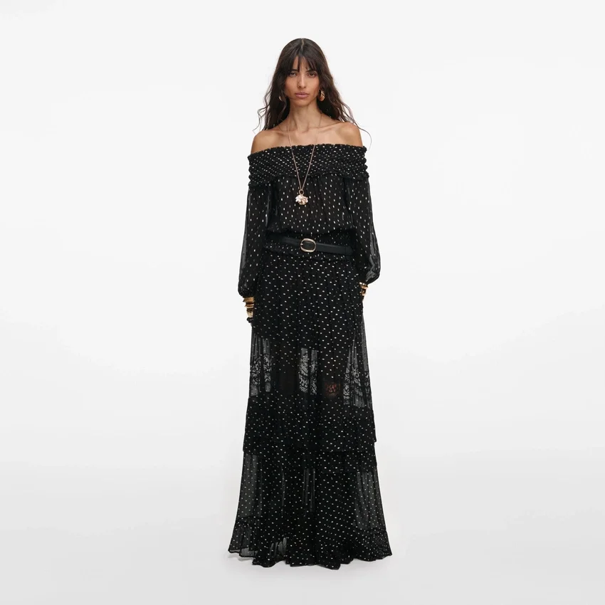 Black And Gold Chiffon Lace Maxi Skirt Black And Gold Chiffon Lace Maxi Skirt
