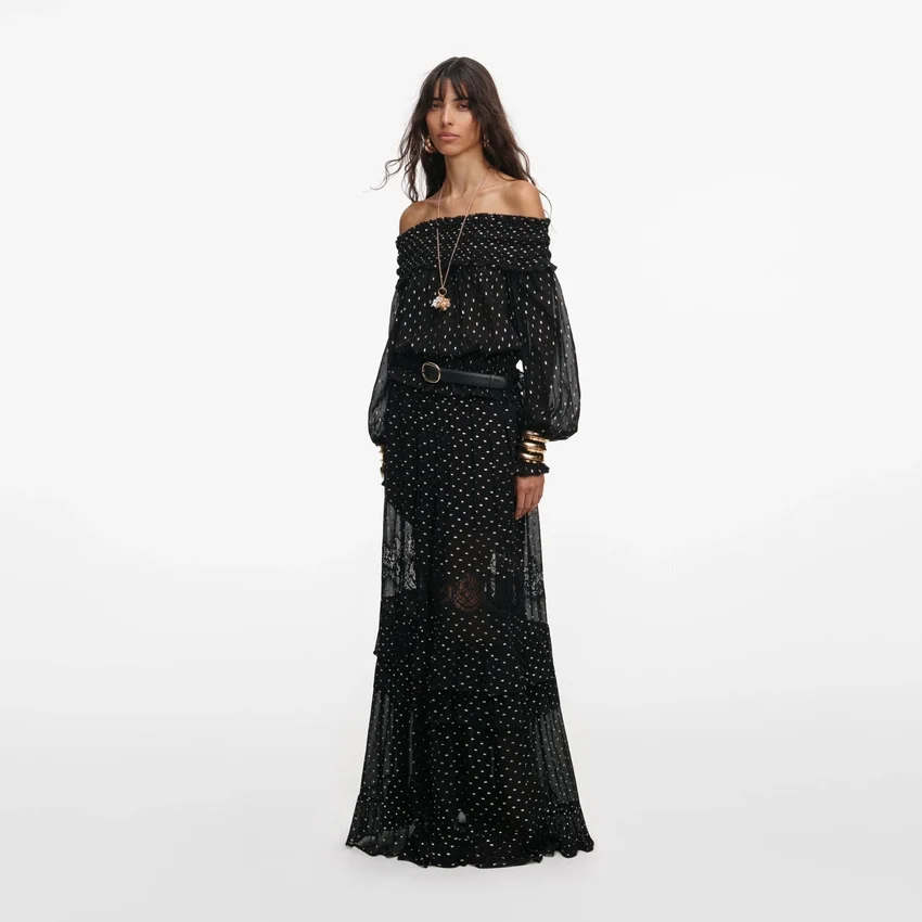 Black And Gold Chiffon Lace Maxi Skirt Black And Gold Chiffon Lace Maxi Skirt