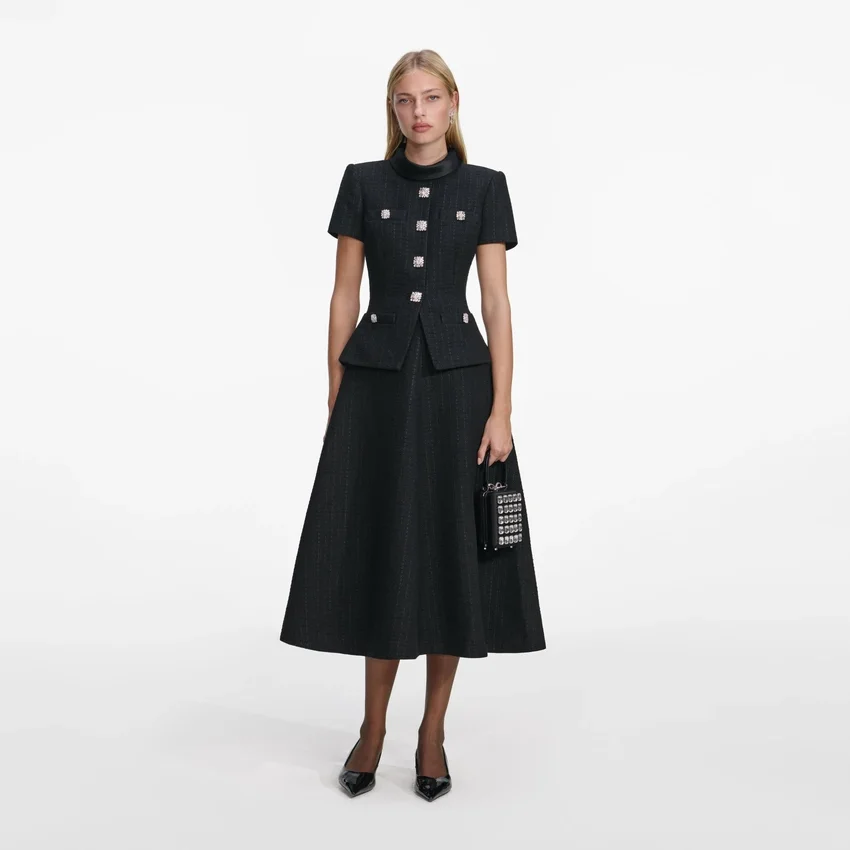 Black Boucle Collared Midi Dress Black Boucle Collared Midi Dress
