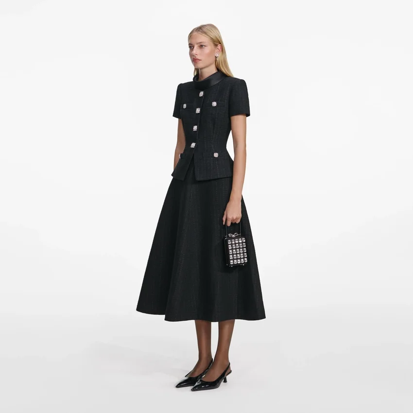 Black Boucle Collared Midi Dress Black Boucle Collared Midi Dress
