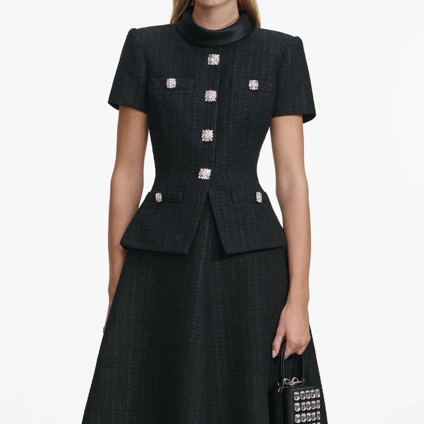 Black Boucle Collared Midi Dress Black Boucle Collared Midi Dress
