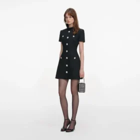 Black Boucle Collared Mini Dress