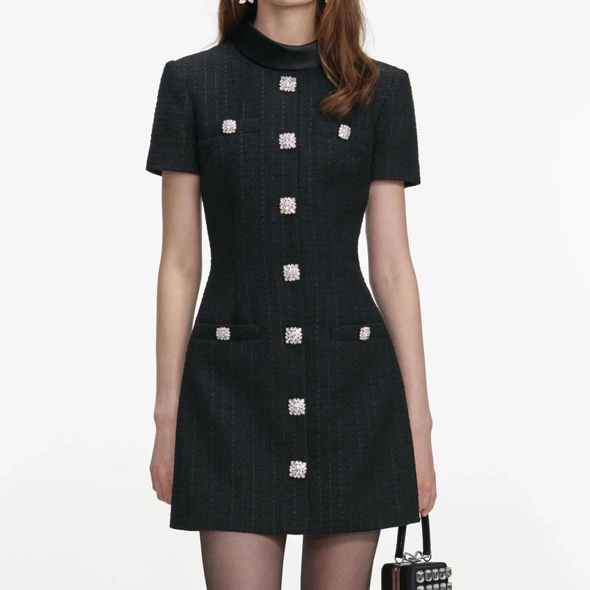 Black Boucle Collared Mini Dress Black Boucle Collared Mini Dress