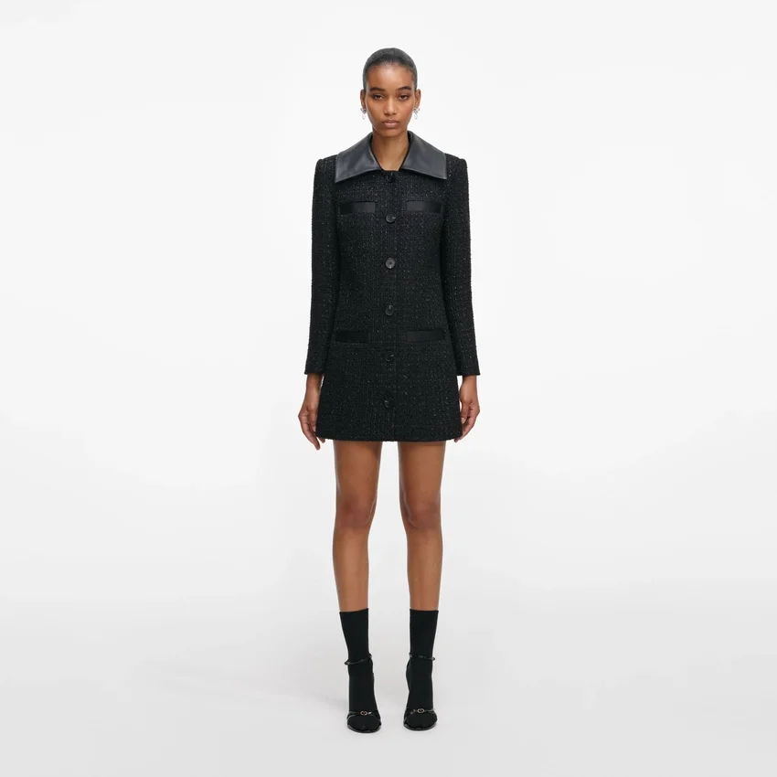 Black Boucle Contrast Collar Mini Dress Black Boucle Contrast Collar Mini Dress