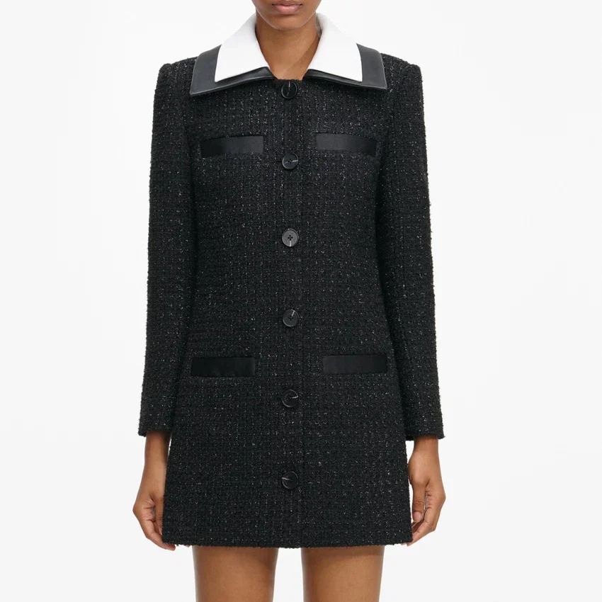 Black Boucle Contrast Collar Mini Dress Black Boucle Contrast Collar Mini Dress
