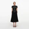 Black Boucle Crystal Trim Chiffon Midi Dress Black Boucle Crystal Trim Chiffon Midi Dress