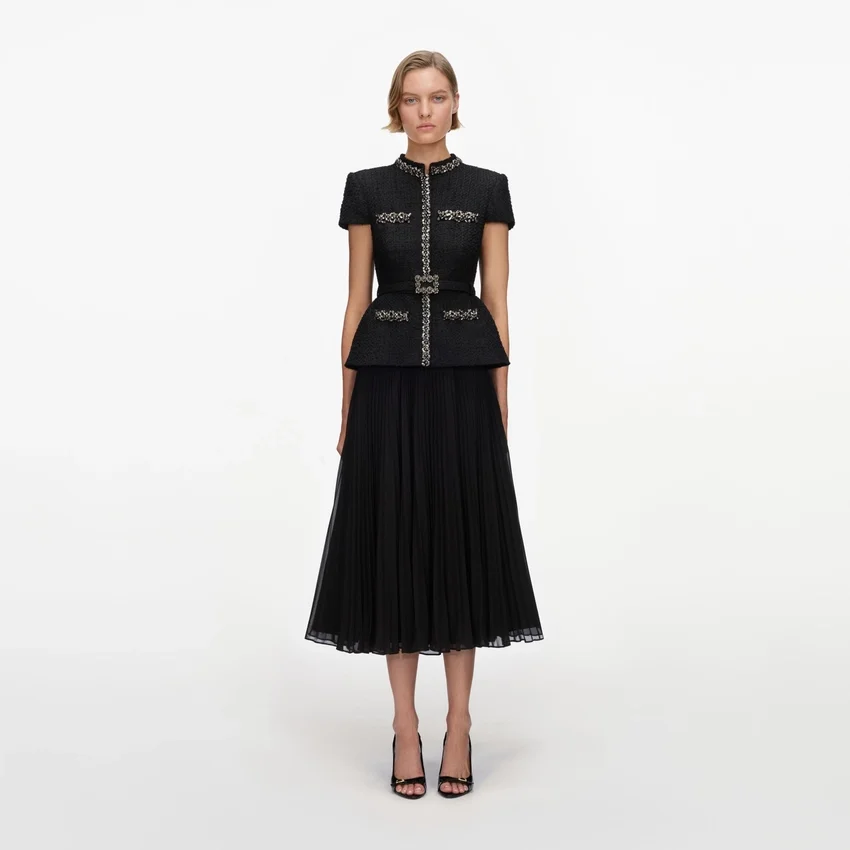 Black Boucle Crystal Trim Chiffon Midi Dress Black Boucle Crystal Trim Chiffon Midi Dress