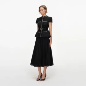 Black Boucle Crystal Trim Chiffon Midi Dress