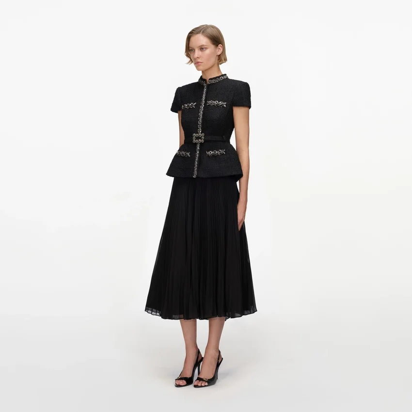 Black Boucle Crystal Trim Chiffon Midi Dress Black Boucle Crystal Trim Chiffon Midi Dress