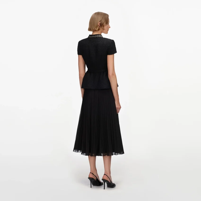 Black Boucle Crystal Trim Chiffon Midi Dress Black Boucle Crystal Trim Chiffon Midi Dress