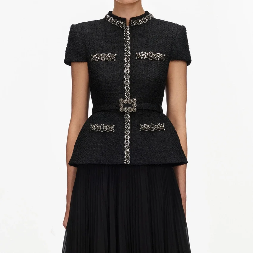 Black Boucle Crystal Trim Chiffon Midi Dress Black Boucle Crystal Trim Chiffon Midi Dress