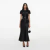 Black Boucle Crystal Trim Satin Midi Dress Black Boucle Crystal Trim Satin Midi Dress