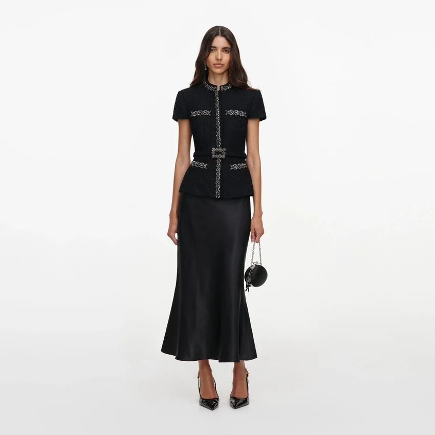 Black Boucle Crystal Trim Satin Midi Dress Black Boucle Crystal Trim Satin Midi Dress