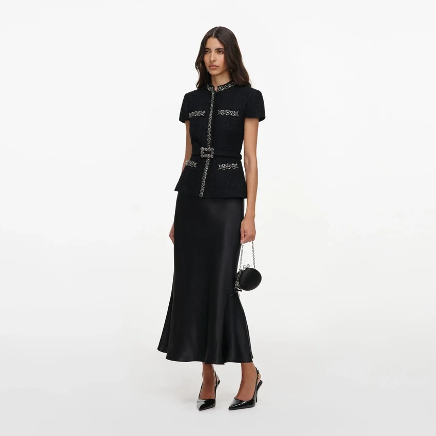Black Boucle Crystal Trim Satin Midi Dress Black Boucle Crystal Trim Satin Midi Dress