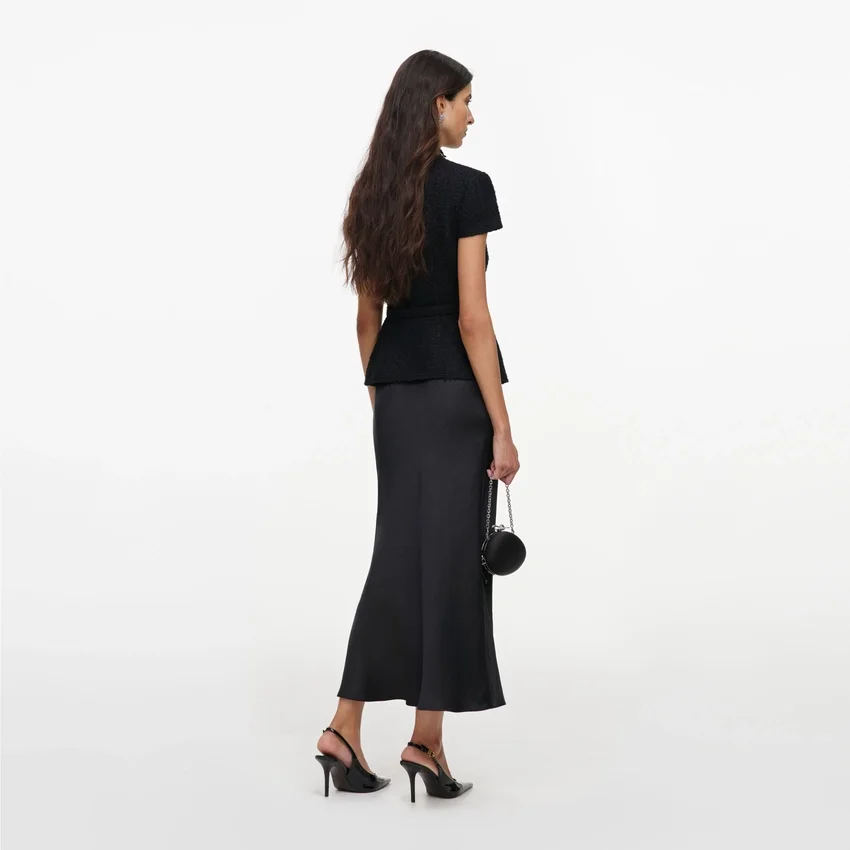 Black Boucle Crystal Trim Satin Midi Dress Black Boucle Crystal Trim Satin Midi Dress