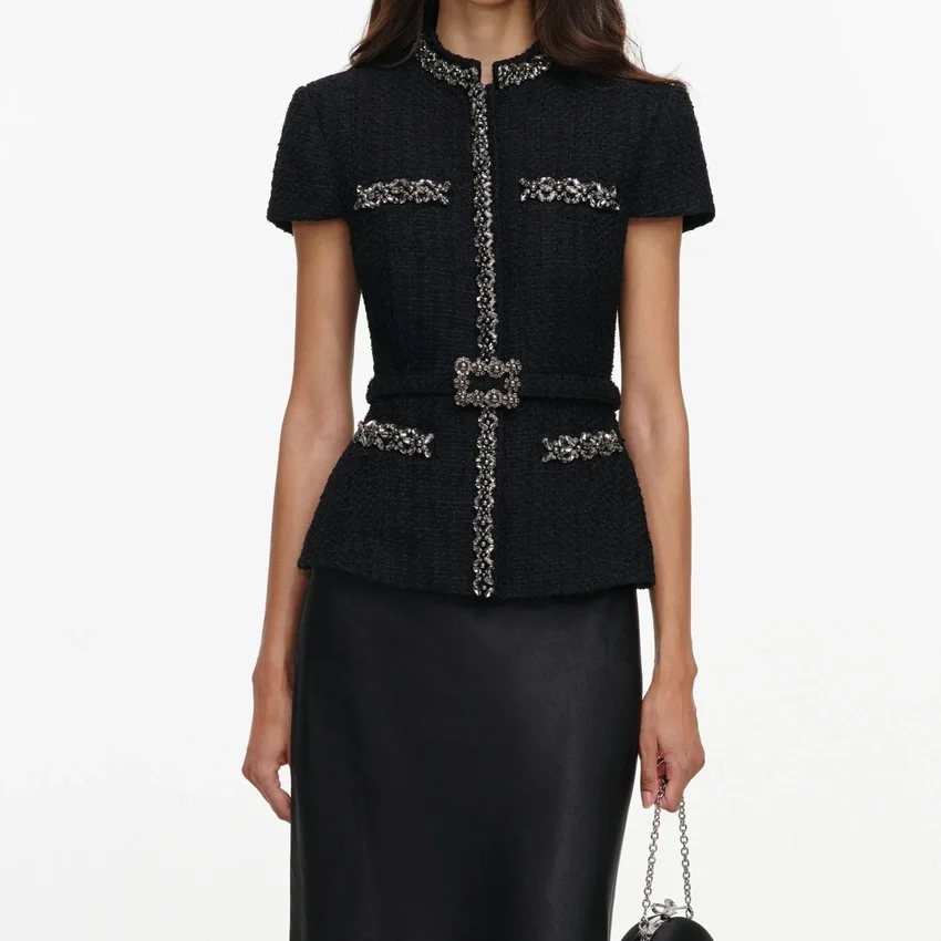 Black Boucle Crystal Trim Satin Midi Dress Black Boucle Crystal Trim Satin Midi Dress