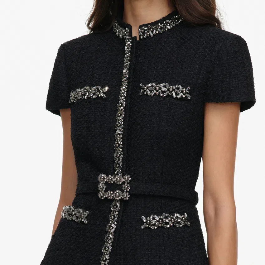 Black Boucle Crystal Trim Satin Midi Dress Black Boucle Crystal Trim Satin Midi Dress