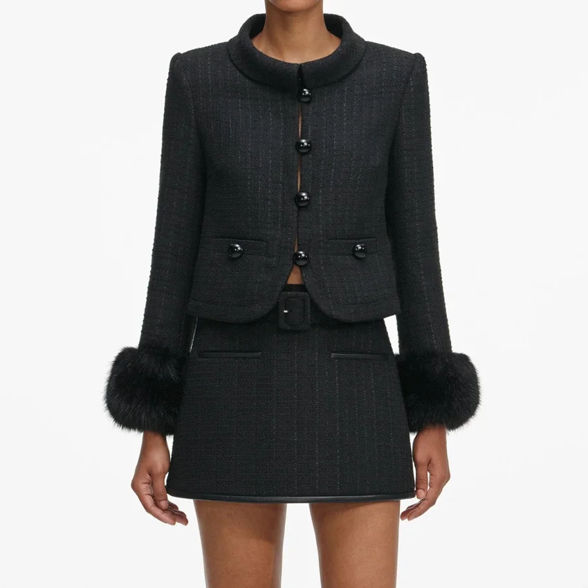 Black Boucle Faux Fur Cuff Jacket Black Boucle Faux Fur Cuff Jacket