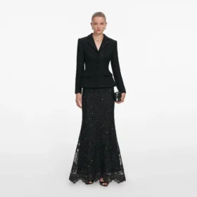Black Boucle Rhinestone Lace Maxi Dress