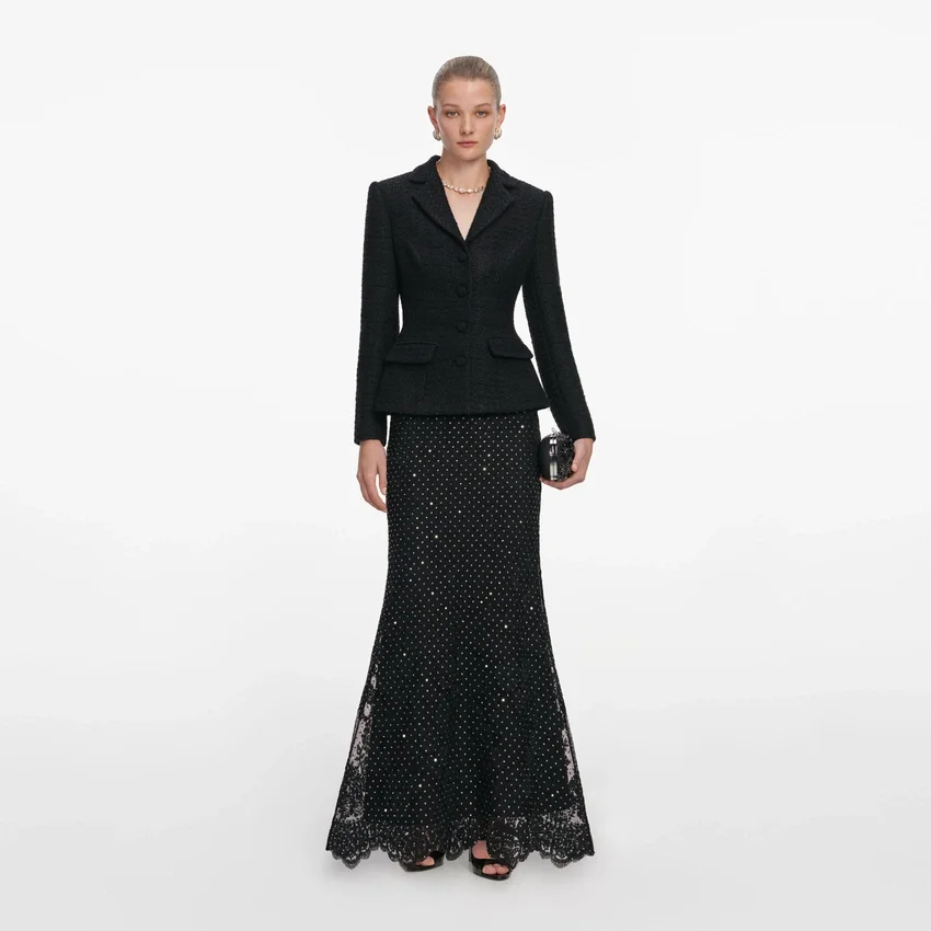 Black Boucle Rhinestone Lace Maxi Dress Black Boucle Rhinestone Lace Maxi Dress
