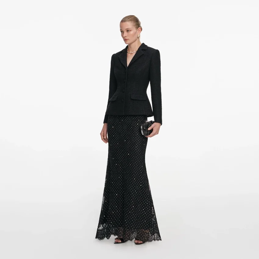 Black Boucle Rhinestone Lace Maxi Dress Black Boucle Rhinestone Lace Maxi Dress