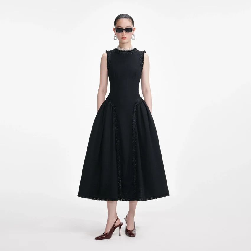 Black Boucle Sleeveless Midi Dress Black Boucle Sleeveless Midi Dress