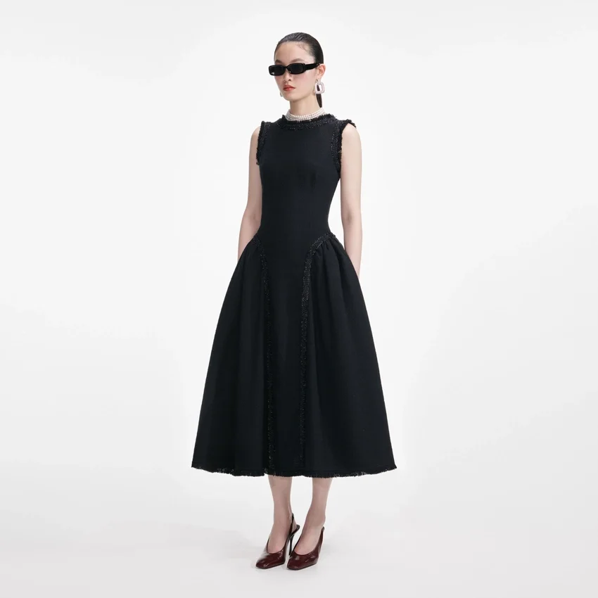 Black Boucle Sleeveless Midi Dress Black Boucle Sleeveless Midi Dress