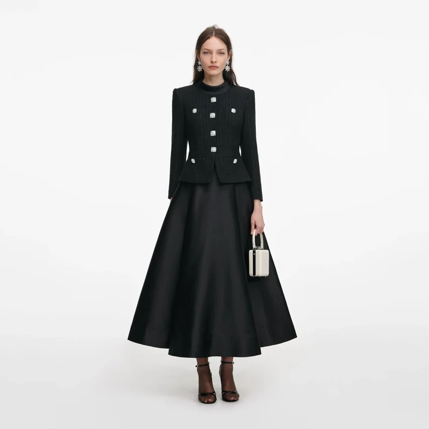 Black Boucle Taffeta Midi Dress Black Boucle Taffeta Midi Dress
