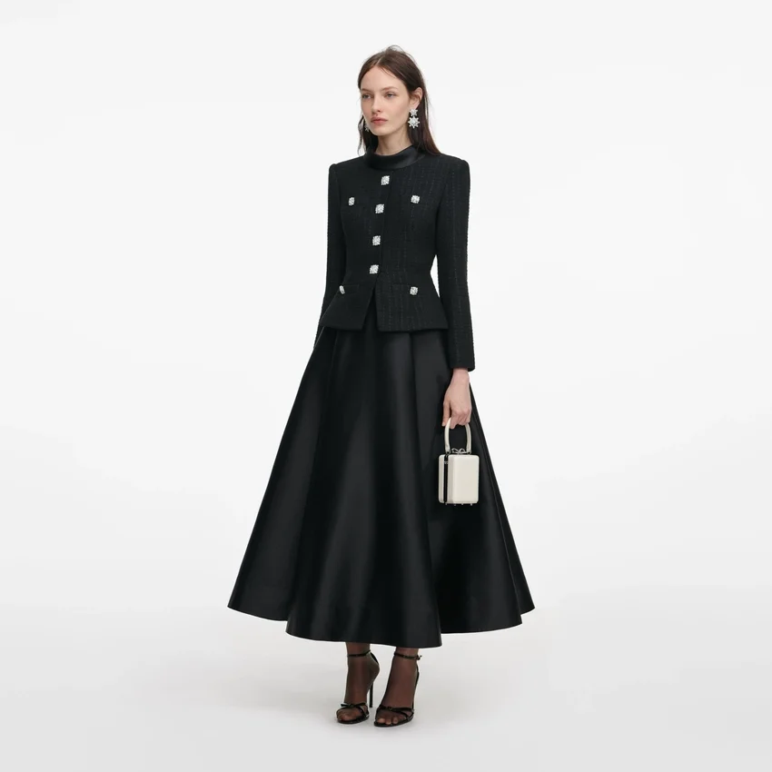 Black Boucle Taffeta Midi Dress Black Boucle Taffeta Midi Dress