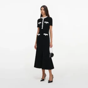 Black Chenille Knit Flower Trim Midi Dress