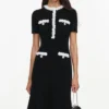 Black Chenille Knit Flower Trim Midi Dress Black Chenille Knit Flower Trim Midi Dress