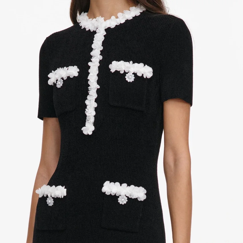 Black Chenille Knit Flower Trim Midi Dress Black Chenille Knit Flower Trim Midi Dress
