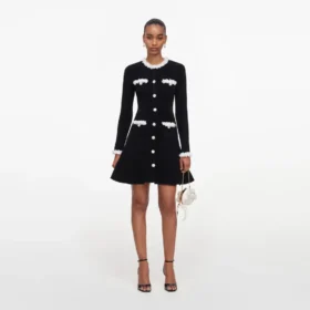 Black Chenille Knit Flower Trim Mini Dress