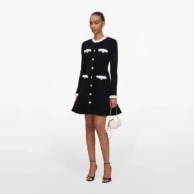 Black Chenille Knit Flower Trim Mini Dress