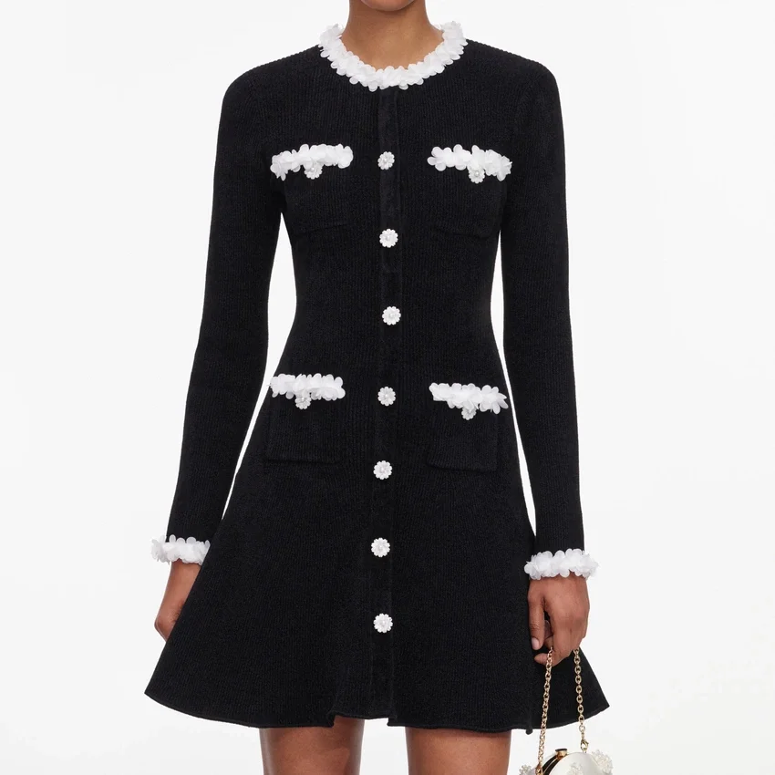 Black Chenille Knit Flower Trim Mini Dress Black Chenille Knit Flower Trim Mini Dress