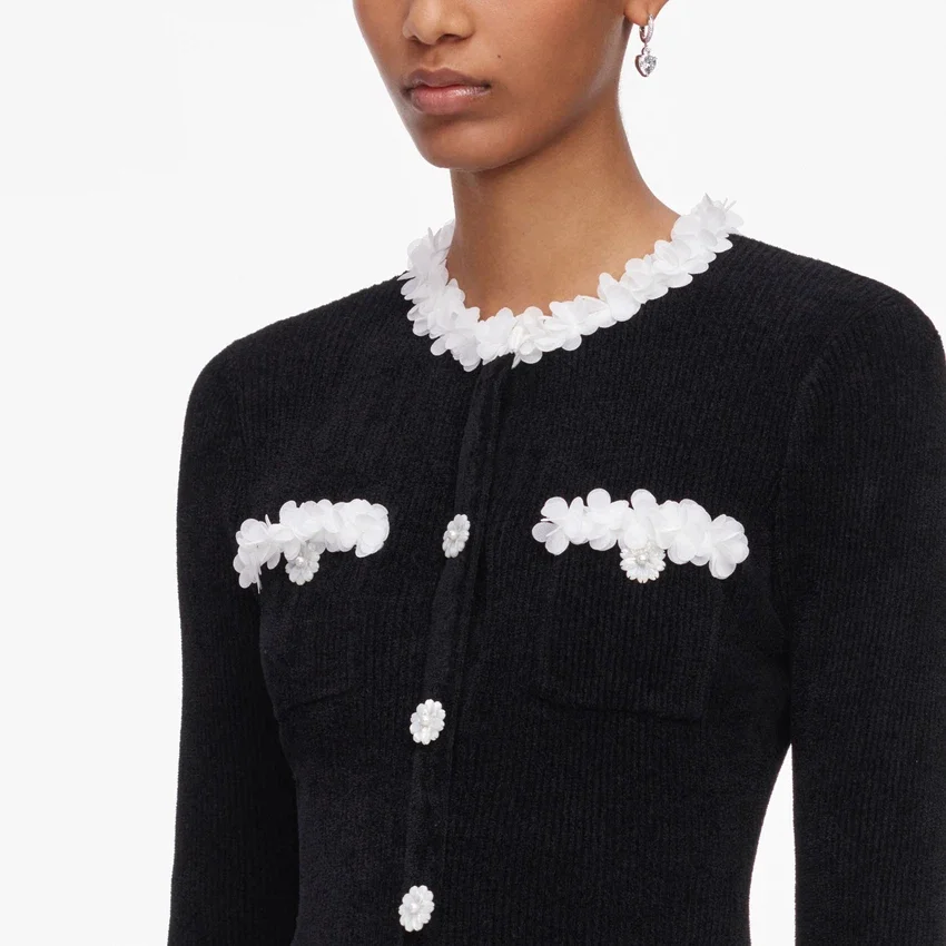 Black Chenille Knit Flower Trim Mini Dress Black Chenille Knit Flower Trim Mini Dress