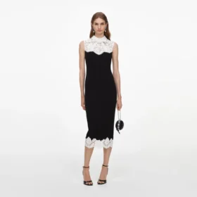 Black Contrast Lace Bodice Midi Dress