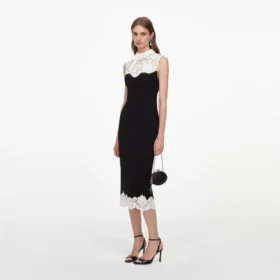 Black Contrast Lace Bodice Midi Dress