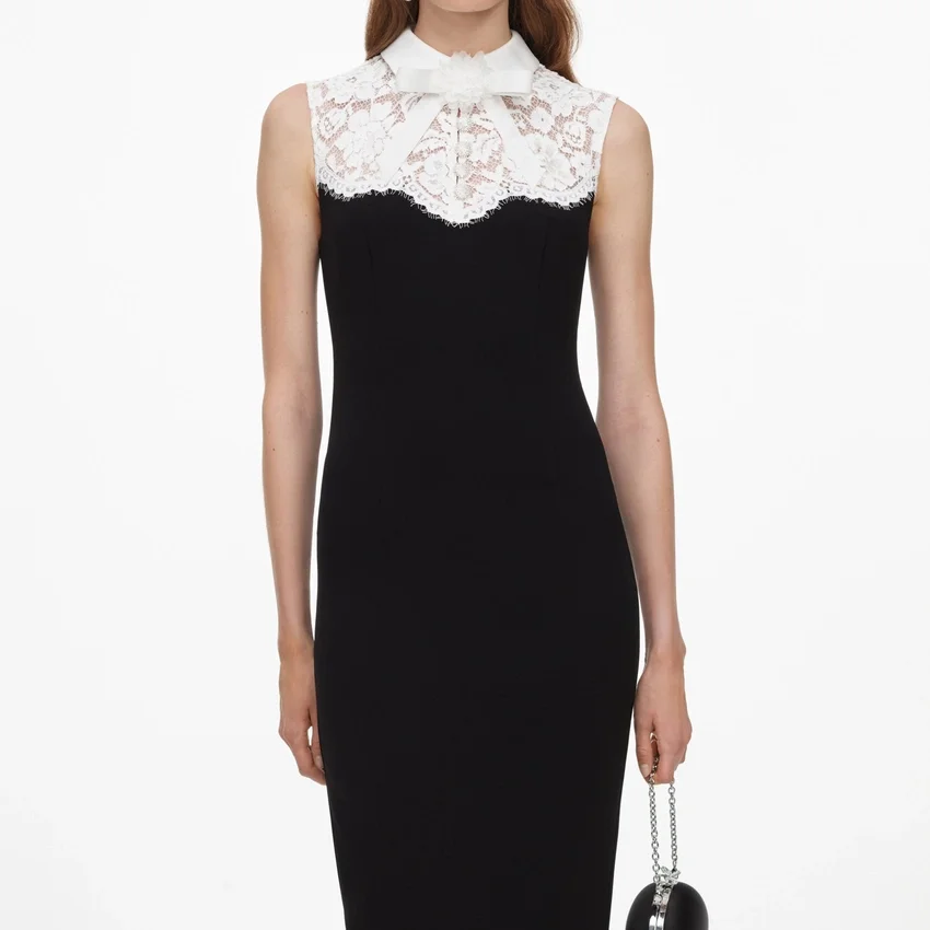 Black Contrast Lace Bodice Midi Dress Black Contrast Lace Bodice Midi Dress