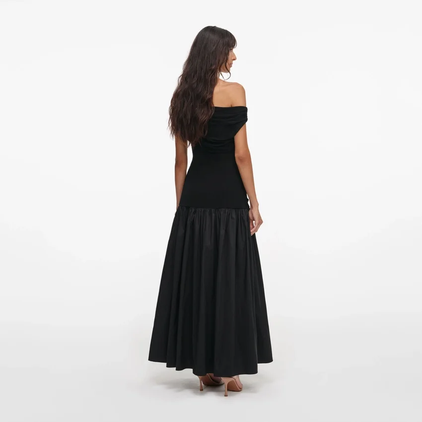 Black Cotton Draped Knit Midi Dress Black Cotton Draped Knit Midi Dress