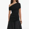 Black Cotton Draped Knit Midi Dress Black Cotton Draped Knit Midi Dress
