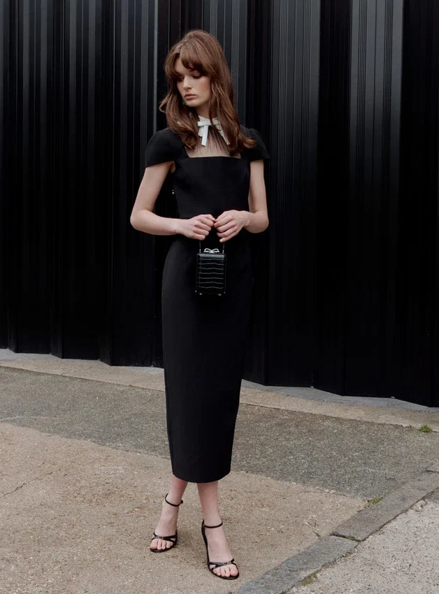 Black Crepe Bow Collar Midi Dress Black Crepe Bow Collar Midi Dress